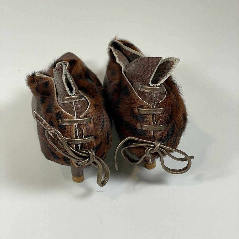 Irregular Choice Tie Up Leopard Print Fur Leather Bootie Brown 36 Pointed Toe - Picture 2 of 9